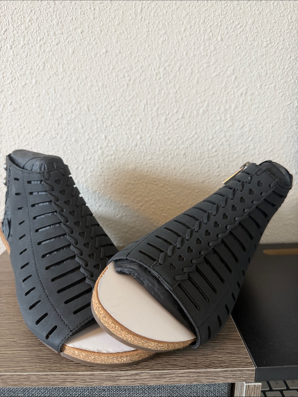 Earth Black Cutout Peep-Toe Wedge Mules